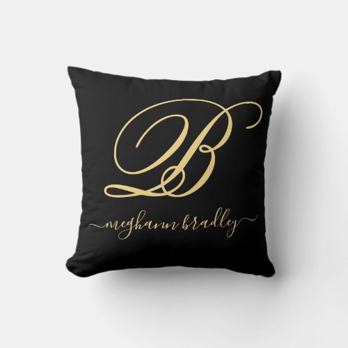  Elegant Black Gold Personalized Name Monogrammed  Throw Pillow