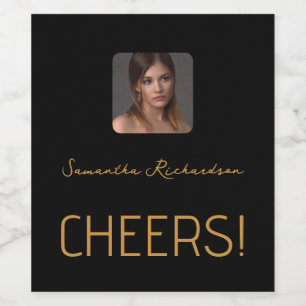 Elegant Black Gold Personalized Photo Name Script Wine Label