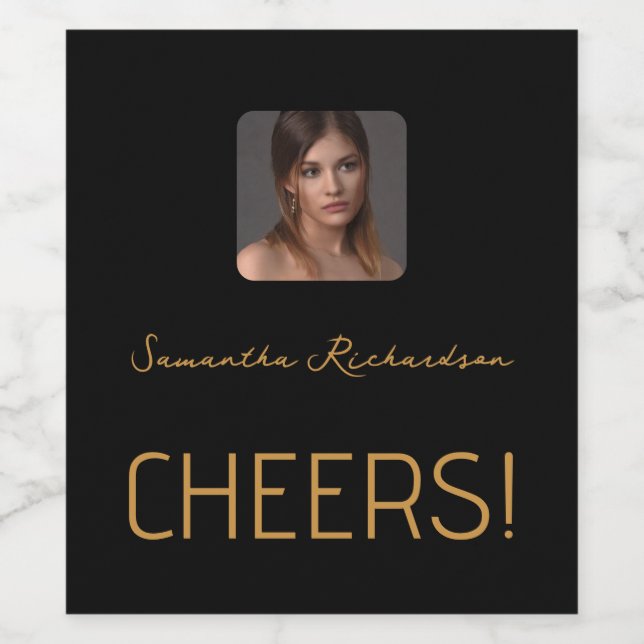 Elegant Black Gold Personalized Photo Name Script Wine Label (Single Label)
