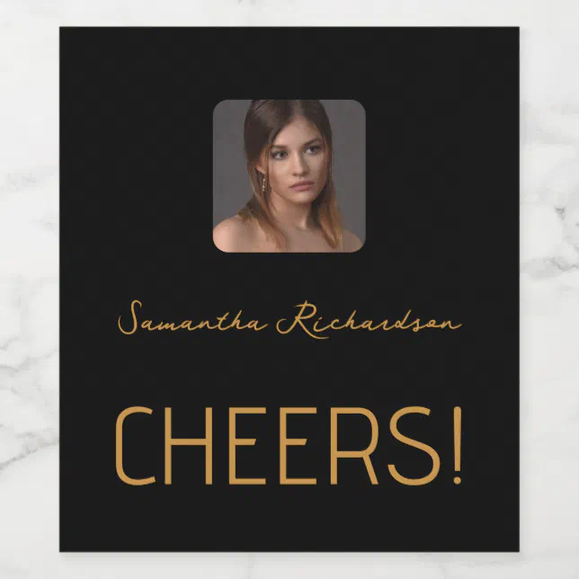 Elegant Black Gold Personalized Photo Name Script Wine Label | Zazzle