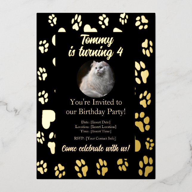Elegant Black & Gold Pet Birthday Invitation Foil Invitation (Front)