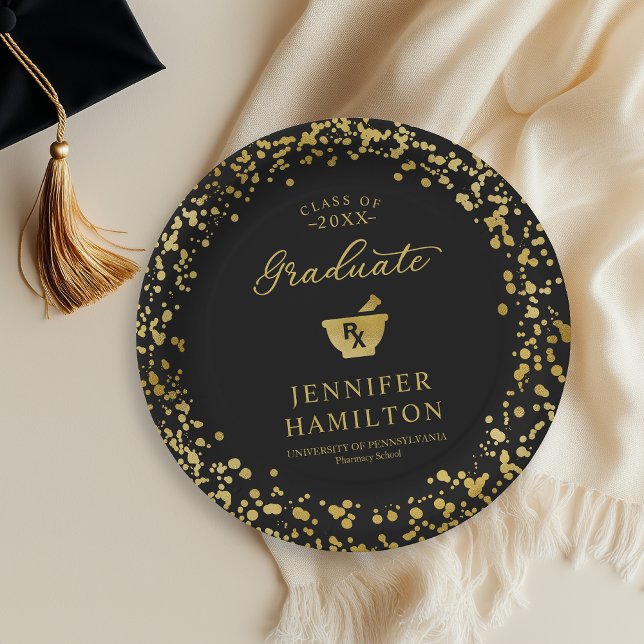 Elegant Black Gold Pharmacy School Graduation Paper Plates (Creator Uploaded)