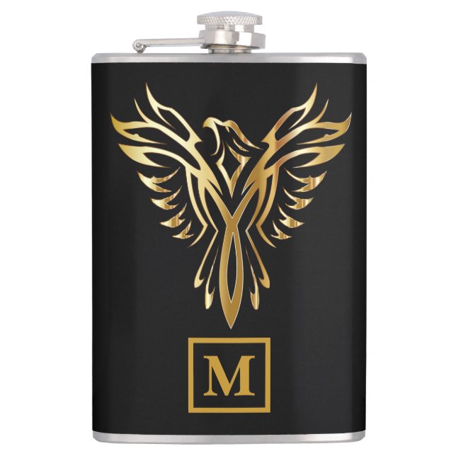 Elegant Black & Gold Phoenix Rising Monogram Flask (Front)