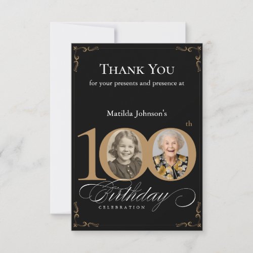 Elegant Black Gold Photo 100th Birthday Party Thank You Card