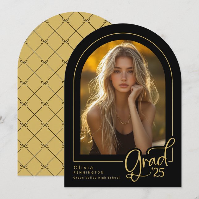 Elegant Black Gold Photo 2025 Grad Announcement (Front/Back)