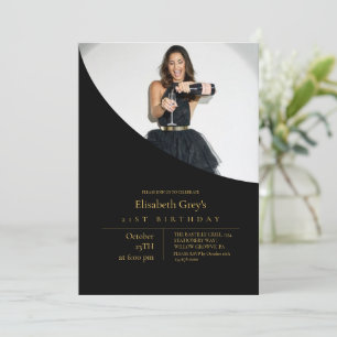 Elegant Black Gold Photo 21st Birthday Invitation