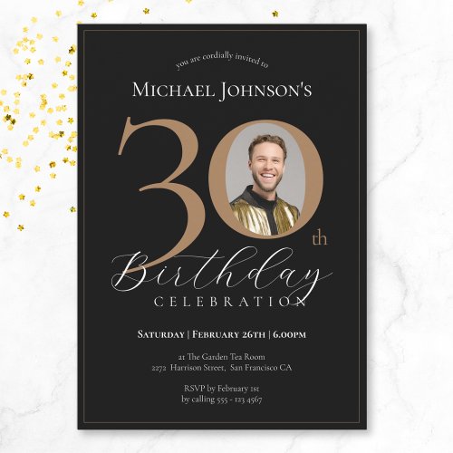 Elegant Black Gold Photo 30th Birthday Invitation