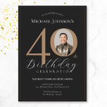 Elegant Black Gold Photo 40th Birthday Invitation<br><div class="desc">Elegant Black Gold Photo 40th Birthday Invitation. Celebrate a milestone birthday with our Black and Gold Simple Elegant invitation, perfect for adding a touch of sophistication to your special day. This customizable design features a sleek black background adorned with elegant gold accents, creating a timeless and classy look. Personalize it...</div>