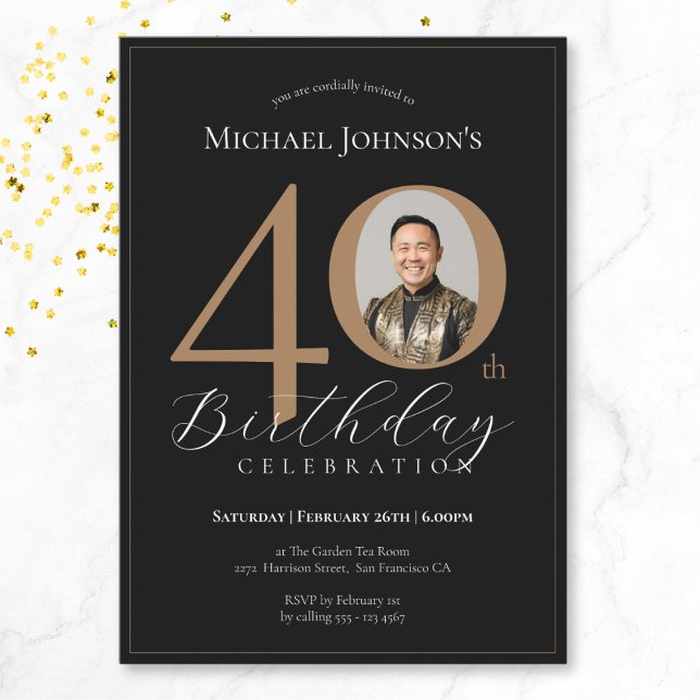 Elegant Black Gold Photo 40th Birthday Invitation (Mockup View)