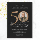 Elegant Black Gold Photo 50th Birthday Invitation<br><div class="desc">Elegant Black Gold Photo 50th Birthday Invitation. Celebrate a milestone birthday with our Black and Gold Simple Elegant invitation, perfect for adding a touch of sophistication to your special day. This customizable design features a sleek black background adorned with elegant gold accents, creating a timeless and classy look. Personalize it...</div>