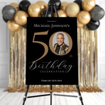 Elegant Black Gold Photo 50th Birthday Welcome