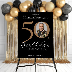 Elegant Black Gold Photo 50th Birthday Welcome Foam Board