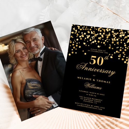 Elegant Black Gold Photo 50th Wedding Anniversary Invitation