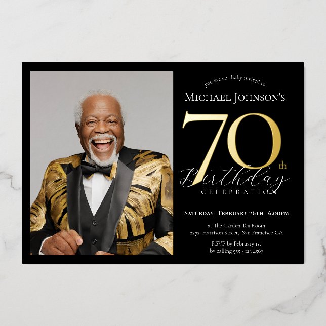 Elegant Black Gold Photo 70th Birthday Foil Invitation (Front)