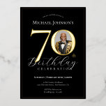 Elegant Black Gold Photo 70th Birthday Foil Invitation<br><div class="desc">Elegant Black Gold Photo 70th Birthday Foil Invitation. Celebrate a milestone birthday with our Black and Gold Simple Elegant invitation, perfect for adding a touch of sophistication to your special day. This customizable design features a sleek black background adorned with elegant gold accents, creating a timeless and classy look. Personalize...</div>