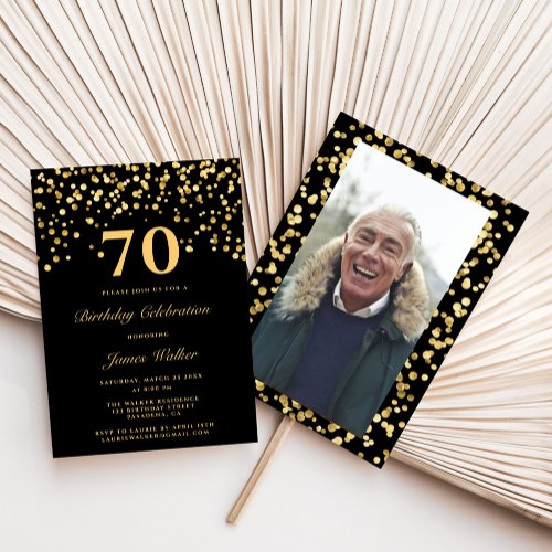 Elegant Black Gold Photo 70Th Birthday Party  Invitation