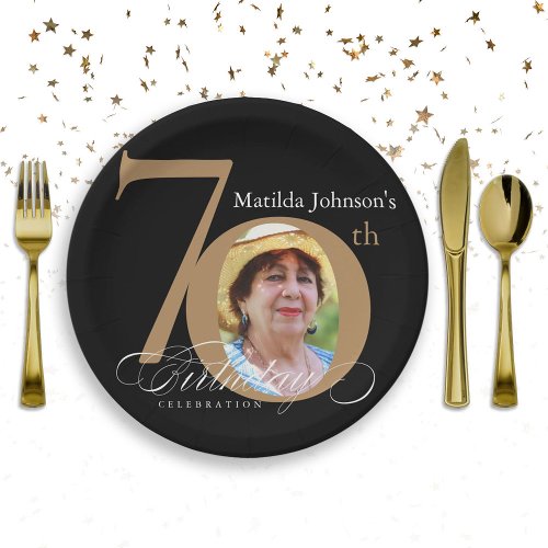 Elegant Black Gold Photo 70th Birthday Party Paper Plates