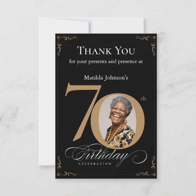 Elegant Black Gold Photo 70th Birthday Party Thank You Card (Front)