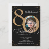 Elegant Black Gold Photo 80th Birthday Party Invitation (Front)