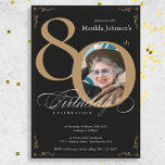 Elegant Black Gold Photo 80th Birthday Party Invitation<br><div class="desc">Elegant Black Gold Photo 80th Birthday Party Invitation. An elegantly designed special birthday celebration invitation,  featuring a custom photo of birthday person and script calligraphy with vintage flourish elements. Simple enough to fit a variety of themes and colors!
Need help? Simply contact me!</div>