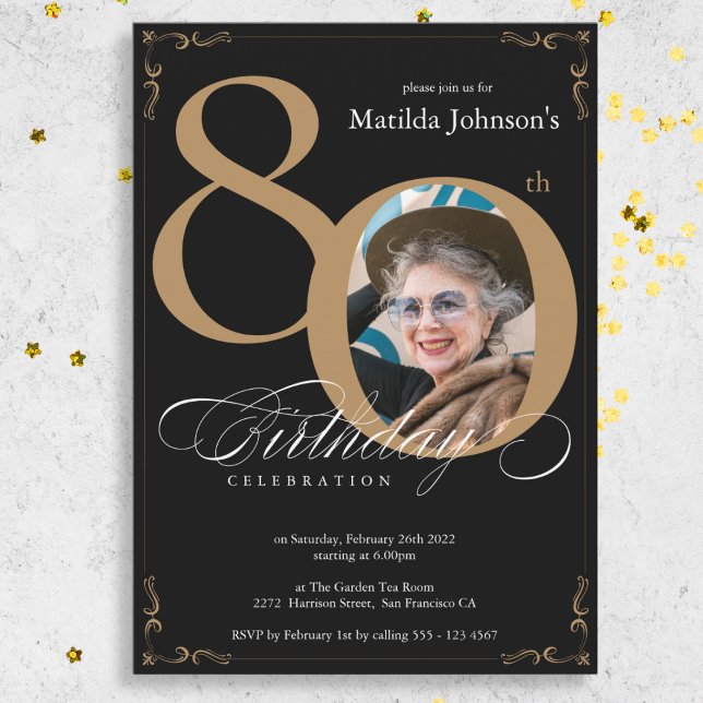 Elegant Black Gold Photo 80th Birthday Party Invitation (Elegant Black Gold Photo 80th Birthday Party Invitation)