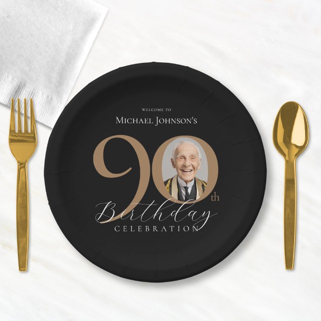 Elegant Black Gold Photo 90th Birthday Party Paper Plates (Elegant Black Gold Photo 90th Birthday Party Paper Plates)
