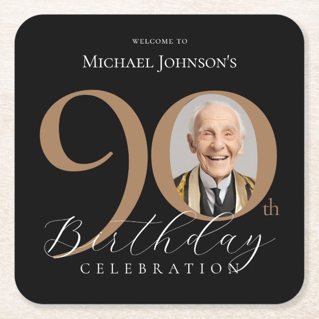 Elegant Black Gold Photo 90th Birthday Party Square Paper Coaster (Front)