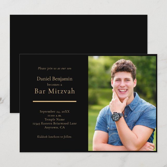Elegant Black Gold Photo Bar Mitzvah Invitation (Front/Back)