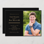 Elegant Black Gold Photo Bar Mitzvah Invitation<br><div class="desc">An elegant and simple design with space to add your favorite photo,  on a solid black background with gold color text.  Back is solid black.</div>