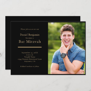 Elegant Black Gold Photo Bar Mitzvah Invitation
