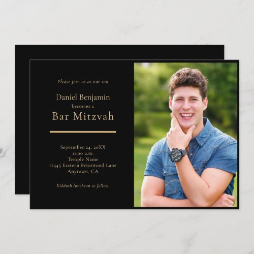 Elegant Black Gold Photo Bar Mitzvah Invitation