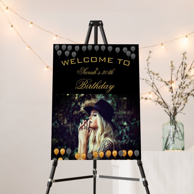 Elegant Black & Gold Photo Birthday Welcome   Foam Board (In Situ (Stand))