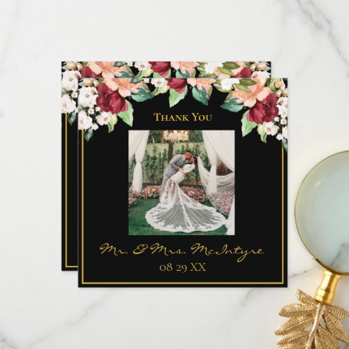 Elegant Black Gold Photo Burgundy Floral Photo Thank You Card