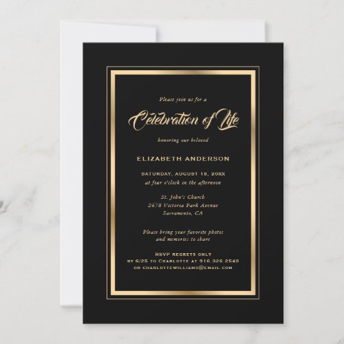 Elegant Black Gold Photo Celebration of Life Invitation