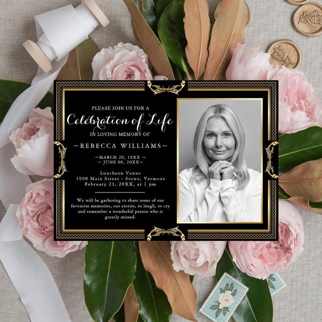 Elegant Black Gold Photo Celebration of life Invitation (Creator Uploaded)