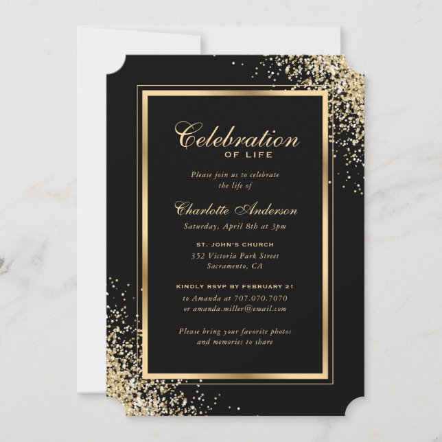 Elegant Black Gold Photo Celebration of Life Invitation (Front)