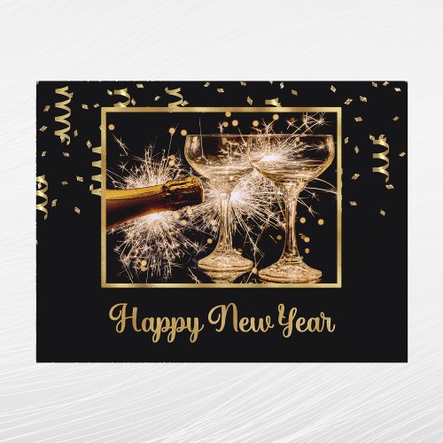 Elegant Black Gold Photo Champagne New Year Holiday Postcard