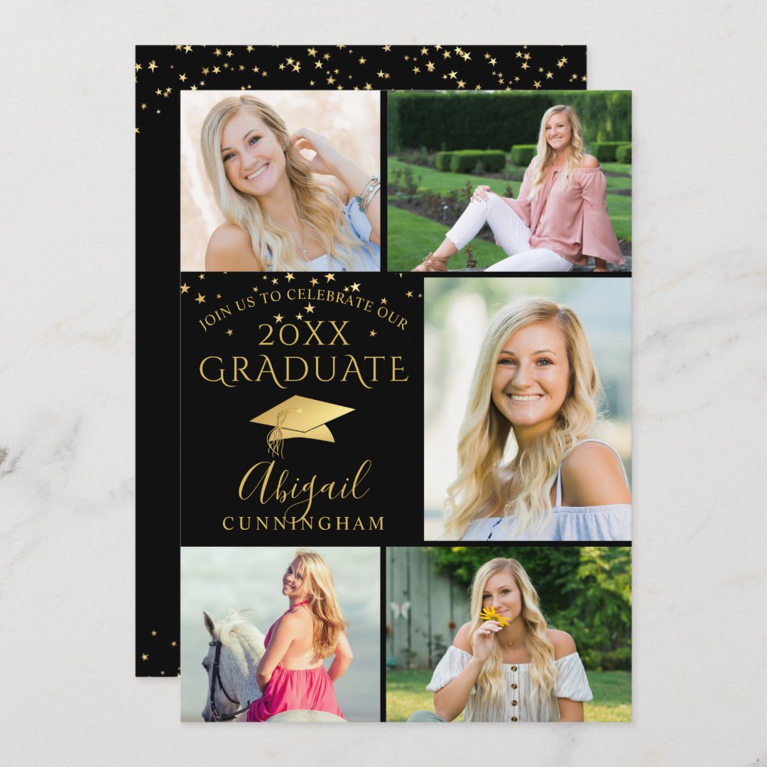 Elegant Black Gold Photo Collage Graduate Invitation | Zazzle