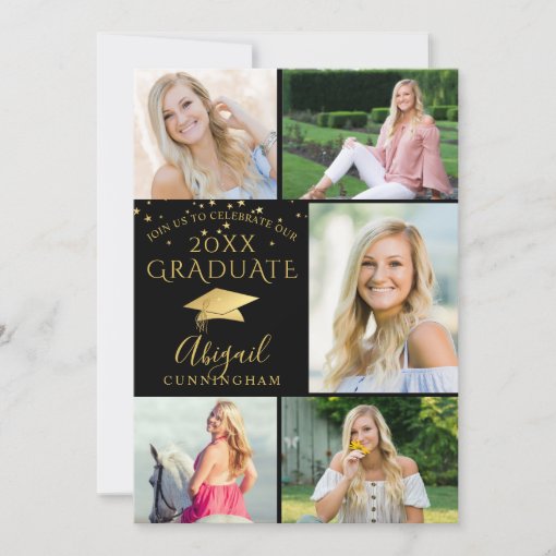 Elegant Black Gold Photo Collage Graduate Invitation | Zazzle