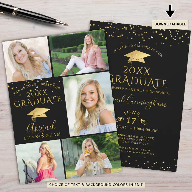 Elegant Black Gold Photo Collage Graduate Invitation | Zazzle