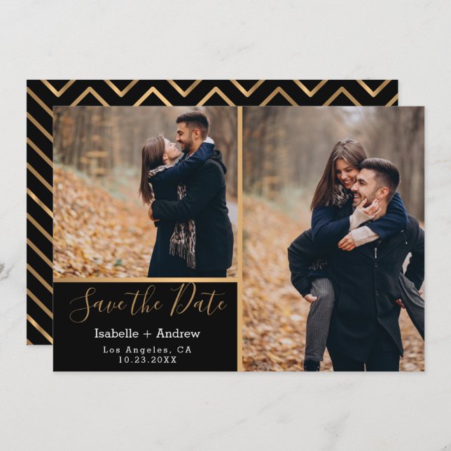 Elegant Black Gold Photo Collage Save the Date (Front/Back)