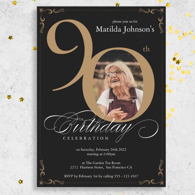 Elegant Black Gold Photo Custom 90th Birthday  Invitation (Elegant Black Gold Photo Custom 90th Birthday Invitation)
