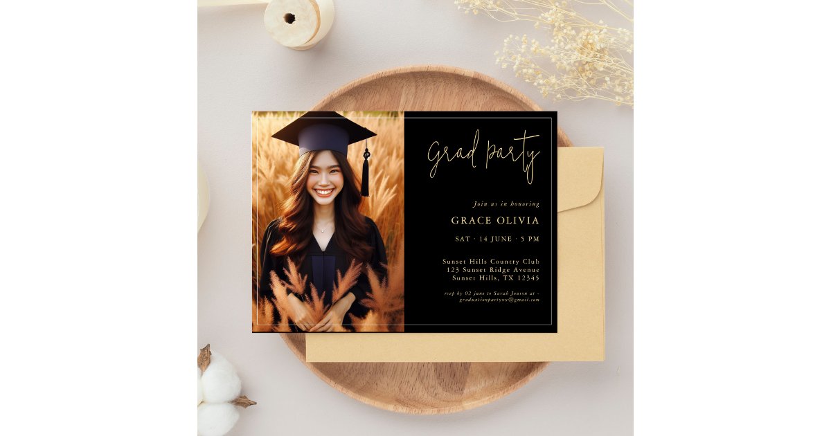Elegant Black & Gold Photo Grad Party invitation | Zazzle