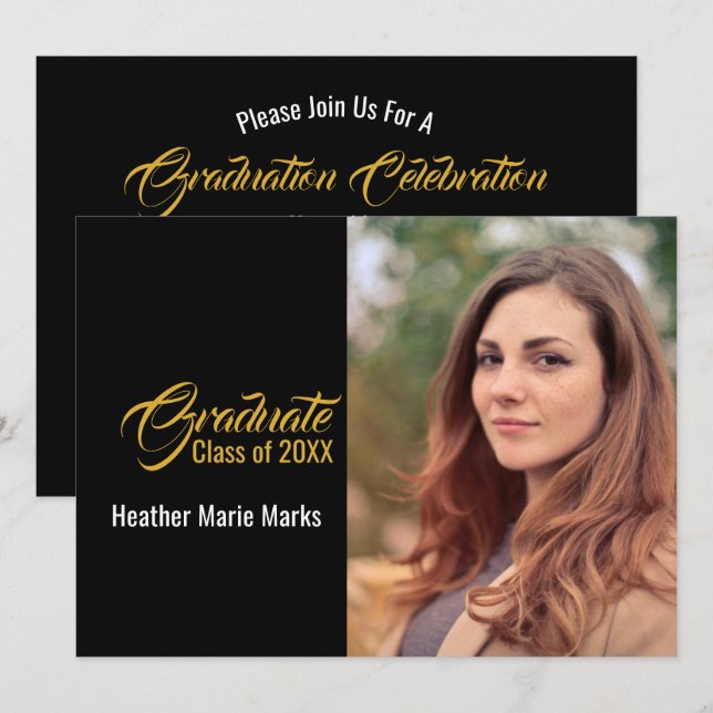 Elegant Black Gold Photo Graduation Celebration Invitation (Front/Back)