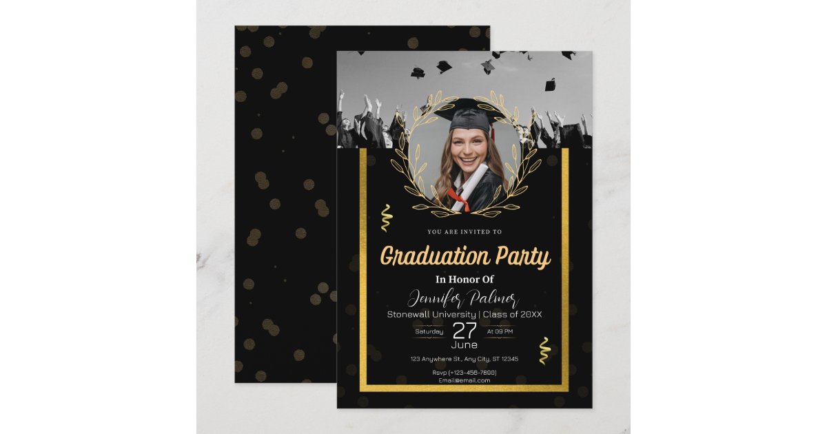 Elegant Black Gold Photo Graduation Invitation | Zazzle