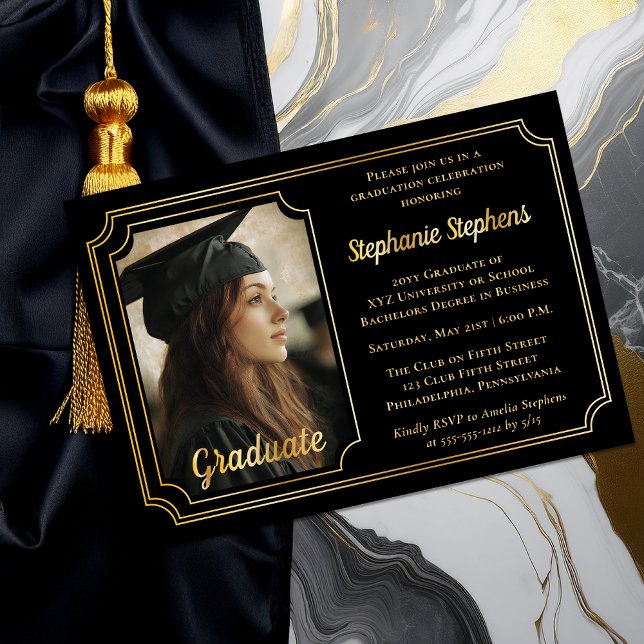 Elegant Black & Gold Photo Graduation Party  Foil Invitation (Elegant Black and Gold Foil Graduation Party Invitation with Photo and Scalloped Frame Overlay)