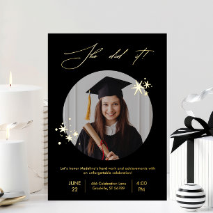 Elegant Black Gold Photo Graduation Party Foil Invitation