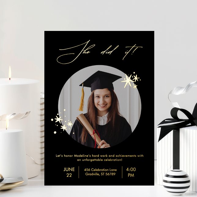 Elegant Black Gold Photo Graduation Party Foil Invitation (Creator Uploaded)