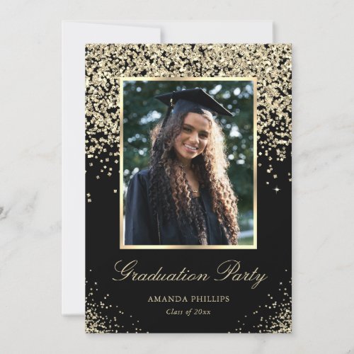 Elegant Black Gold Photo Graduation Party Invitation