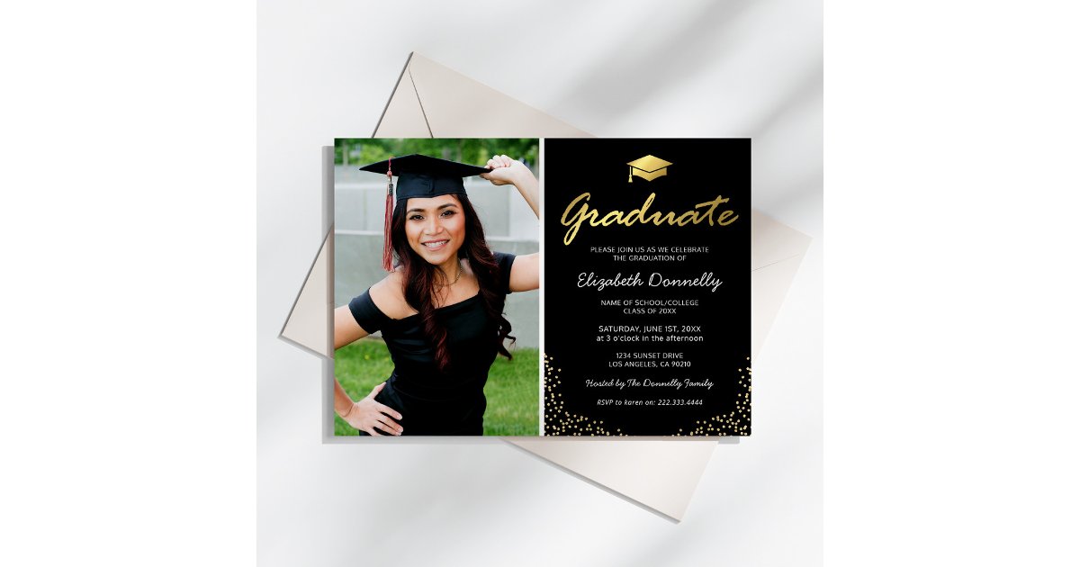 Elegant Black Gold Photo Graduation Party Invitation | Zazzle
